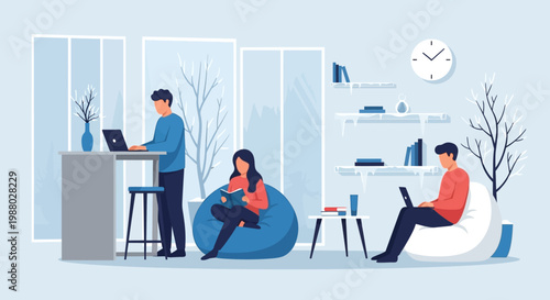 People working and relaxing in a modern office space.