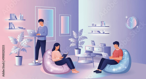 People working and relaxing in a modern office space.