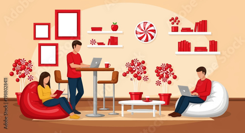 People working and relaxing in a modern office space.