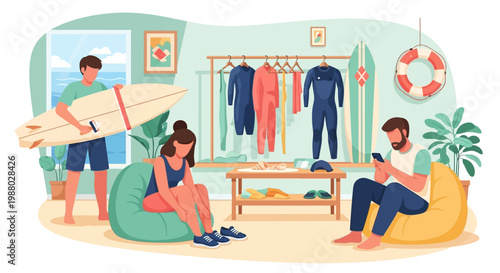 People relaxing in a surf shop with surfboards and wetsuits.