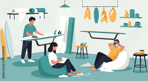 People working and relaxing in a surf workshop.