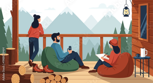People relaxing on a cabin porch with mountain views.