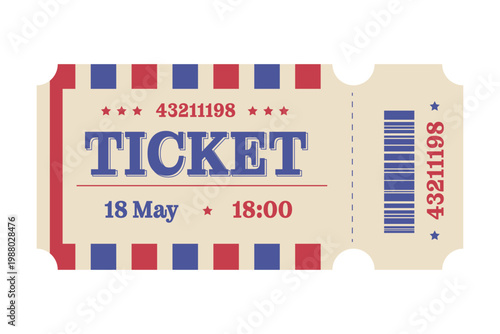 Retro Event Ticket Vector Template Vintage Admission Pass with Barcode, Stars and Perforated Edge Design