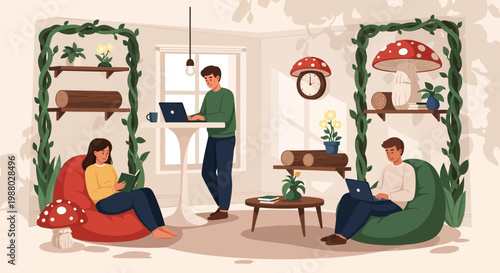 People working and relaxing in a cozy, nature-inspired coworking space.