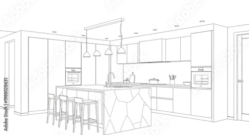 Modern kitchen interior architectural line drawing plan. Contemporary home design layout, minimalist renovation blueprint sketch.