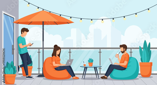 People working and relaxing on a balcony with laptops and beanbags.