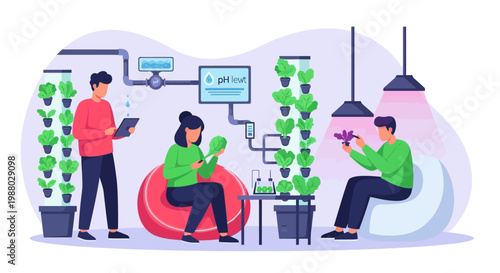 People tending to vertical hydroponic farm indoors.