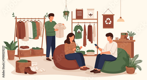People interacting in a sustainable fashion store.
