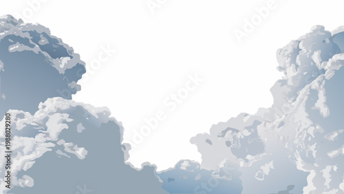 A stylized illustration depicts fluffy blue toned clouds against a bright white sky