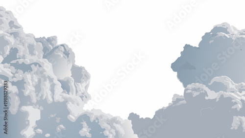 A minimalist illustration depicts fluffy pale blue clouds against a stark white background