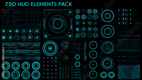 A collection of 750 futuristic heads up display elements with glowing teal lines