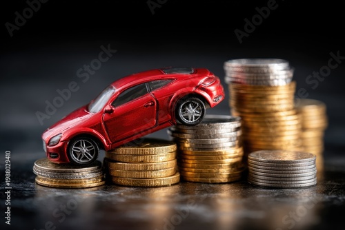 Red toy car perched on coin stacks, symbolizing vehicle cost and financial investment