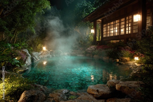 Steaming natural pool at night, lit by lanterns, beside a traditional wooden lodge