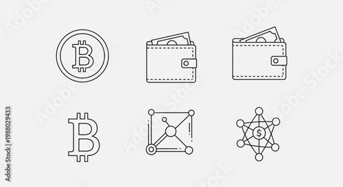 Bitcoin Cryptocurrency Digital Wallet and Blockchain Icons Set.