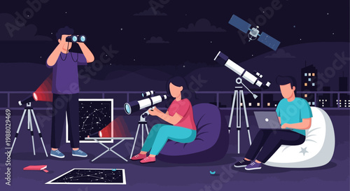 People Observing Night Sky with Telescopes and Binoculars.
