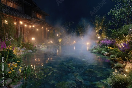 Misty pond reflects warm lights from a charming traditional house and lush garden at night