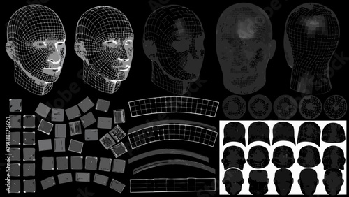 A collection of polygonal human head models and facial feature components displayed on black