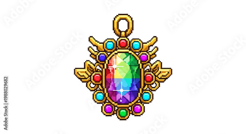 Ornate Rainbow Gemstone Pendant with Golden Wings and Jewels.