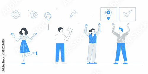 Illustration depicting a progression from ideas to successful implementation with celebrating people