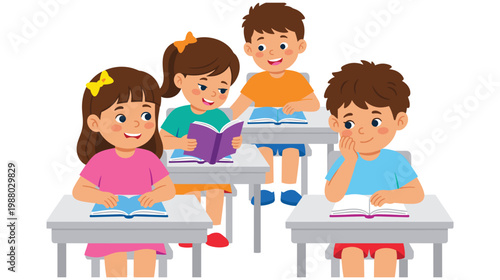 Children gathered around teacher reading a book in classroom illustration.