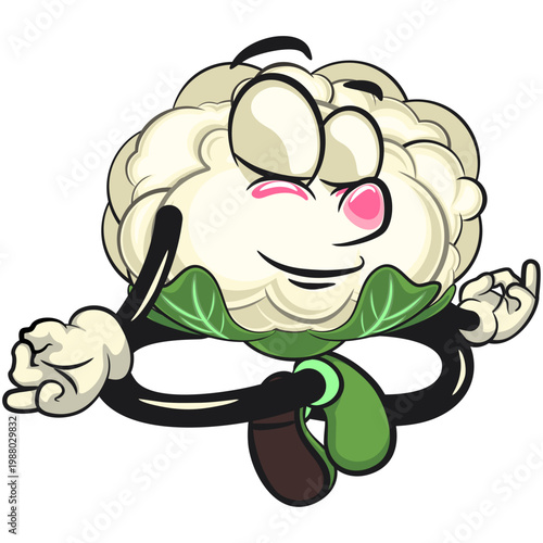cute cauliflower mascot character meditating, fresh vegetable cartoon vector illustration isolated on transparent background, work of hand drawn
