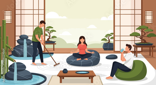 People practicing yoga and meditation in a serene Japanese room.