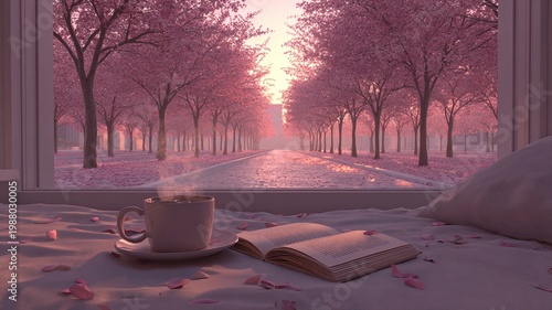 A warm steaming coffee cup rests on an open book by a window overlooking blooming cherry blossom trees, with delicate petals drifting through the air.
