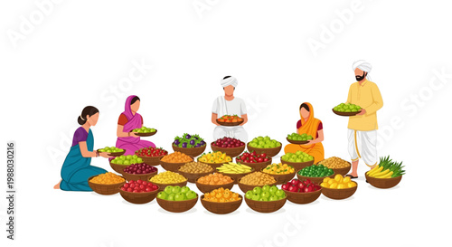A flat vector illustration shows Indian farmers displaying a vibrant array of harvested crops in bowls, showcasing agriculture production India and rural farming, set against a clean white