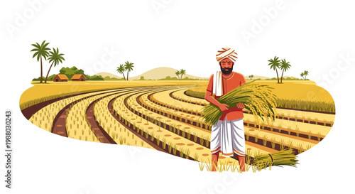 An Indian farmer in traditional attire holds a bundle of harvested rice against a backdrop of green paddy fields in this agriculture India concept, with its rural farming and livestock
