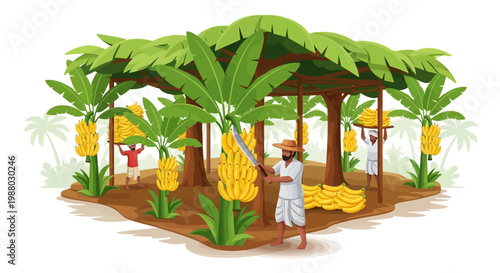 Illustration of Indian rural farming depicting farmers harvesting bananas near a traditional structure, showcasing agriculture production India with a focus on sustainable practices