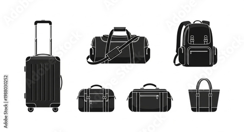 Collection of black travel bags and luggage on white background.