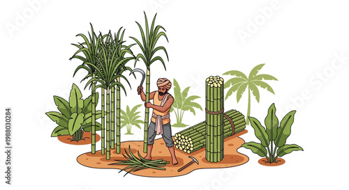 Illustrated indian agriculture scene depicting a farmer with a turban cutting sugarcane with a sickle in a rice field, showcasing rural farming india and traditional agriculture production