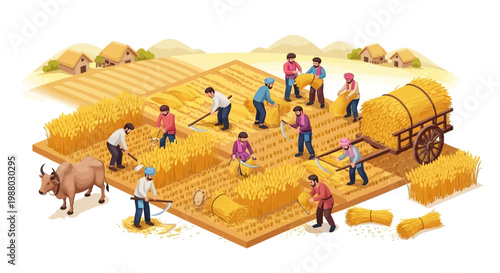 Isometric illustration of Indian farmers working together harvesting golden rice crops and loading hay onto a bullock cart, amidst a rural landscape of traditional farming with a warm color