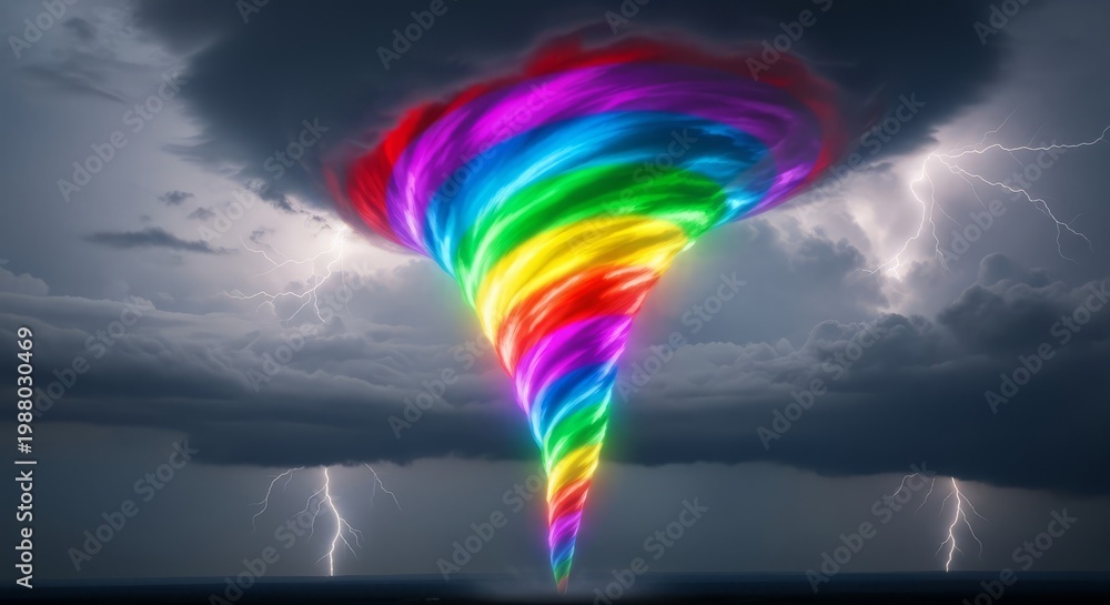 Fototapeta premium A vibrant rainbow tornado swirling amidst a stormy sky with dramatic lightning strikes illuminating the dark clouds, symbolizing hope and power through adversity