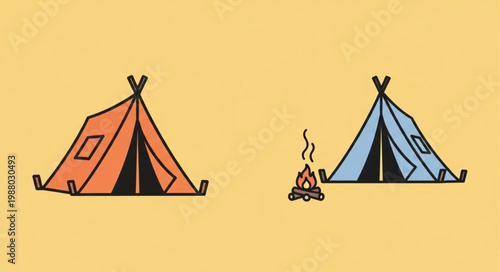 Two colorful camping tents with a campfire illustration.