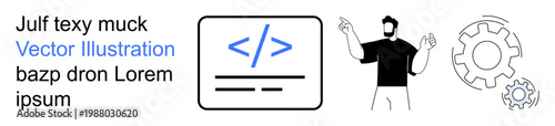 Software development, coding education, automation process, tech services, programming concepts, workflow illustration. Developer pointing to coding and gear designs. Software development and coding