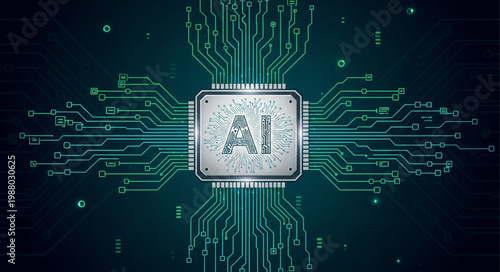 Central Processing Unit Microchip with Glowing Circuitry and Binary Code.