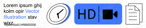 Time tracking, media quality, file organization, productivity, digital management, video format. Clock, HD video icon document. Time tracking and media quality concept