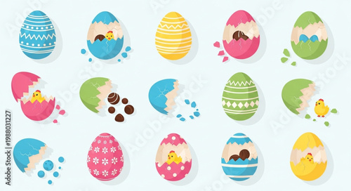 Collection of colorful decorated Easter eggs with chicks hatching out.