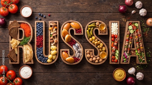 Delicious array of Russian cuisine presented in alphabet letters, showcasing diverse ingredients from fruits to meats, a vibrant culinary journey
