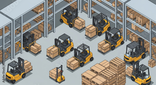 Warehouse interior with multiple forklifts moving boxes and pallets.