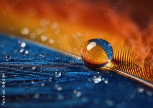 Macro shot a large water droplet on a vibrant blue and orange feather, dew scattered