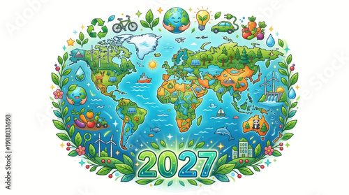 Ecological World Map 2027 Illustration featuring Sustainable Energy Icons, Green Technology, Renewable Resources Global Environmental Awareness and Conservation