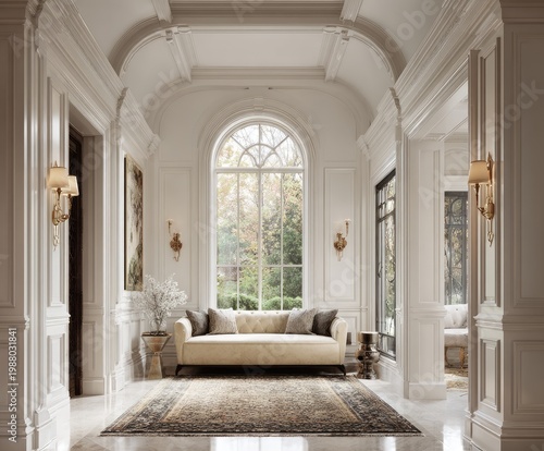 Grand elegant foyer with arched window, plush sofa, ornate rug, and white decor
