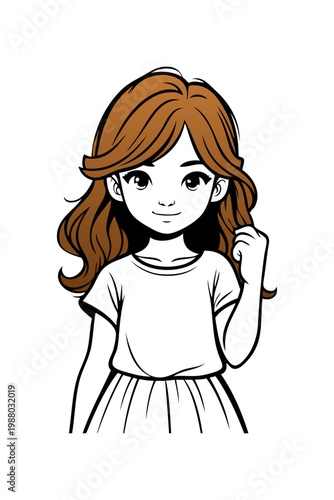 Logotipo de boutique de moda infantil. Dibujo minimalista con líneas de una niña de frente, con un vestido y tocándose el cabello de color marrón 