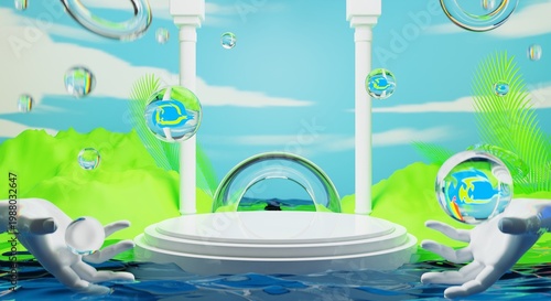 retro-future y2k 2000s frutiger aero aqua web 2.0 gloss with stage podium for product display showcase, 3d illustration rendering abstract background, technology and nature environment concept