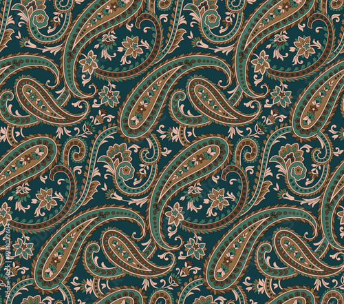 Indian traditional paisley seamless pattern fabric texters green background
