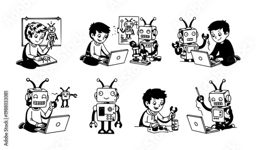Children creating robots step by step engineering process playful cartoon doodle vector illustration set isolated on white