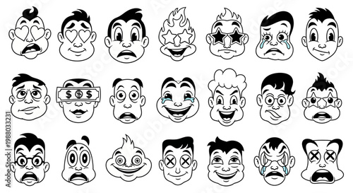 Collection of various cartoon faces with different emotions on white background