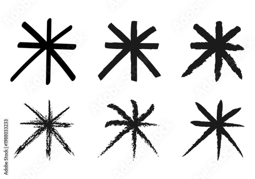 Colección de símbolos de asteriscos y estrellas negras dibujadas con trazos de pincel